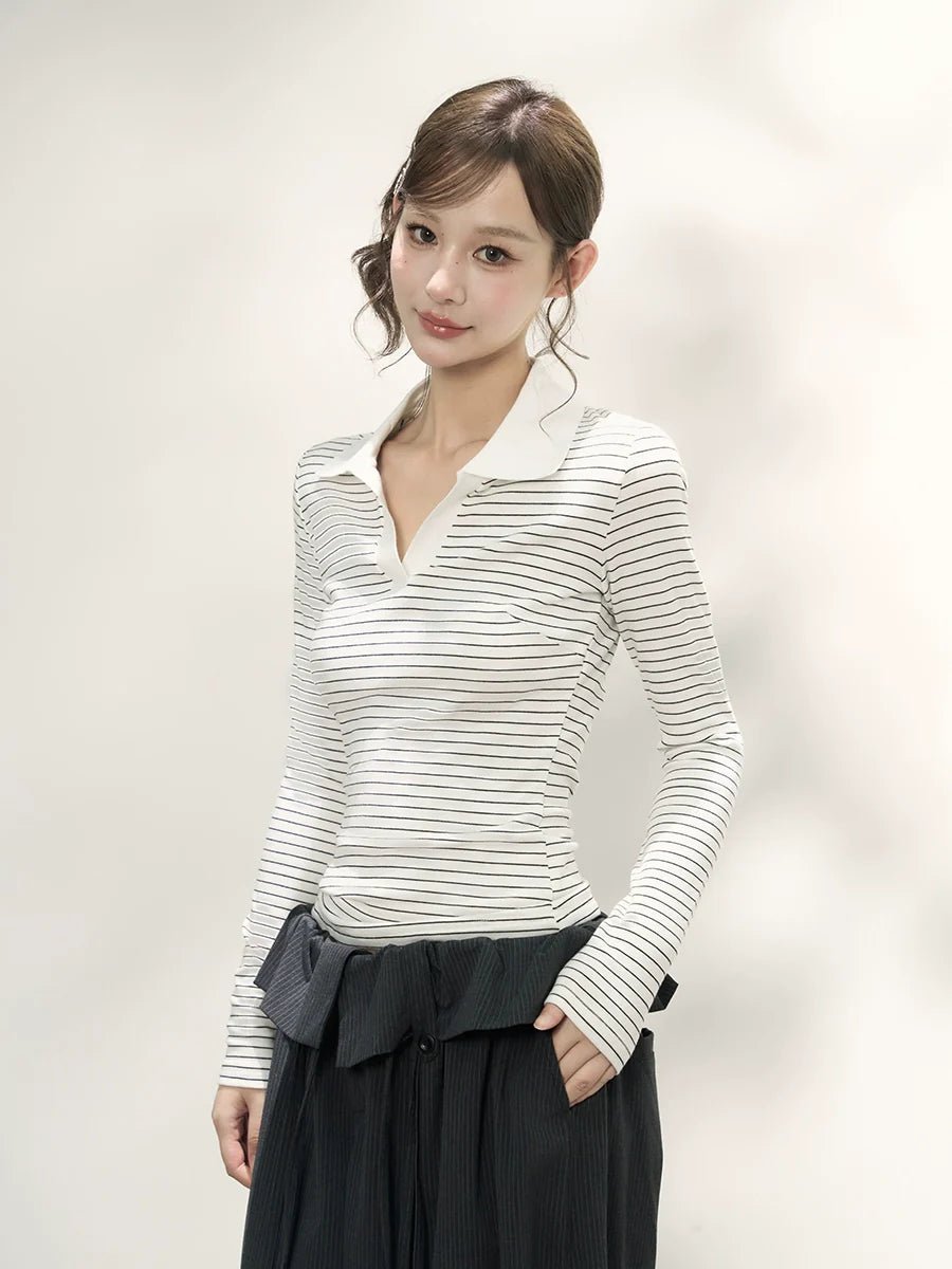 Autumn V - Neck Polo Style Black & White Stripe Fitted Long - Sleeve T-Shirt - tutufox -