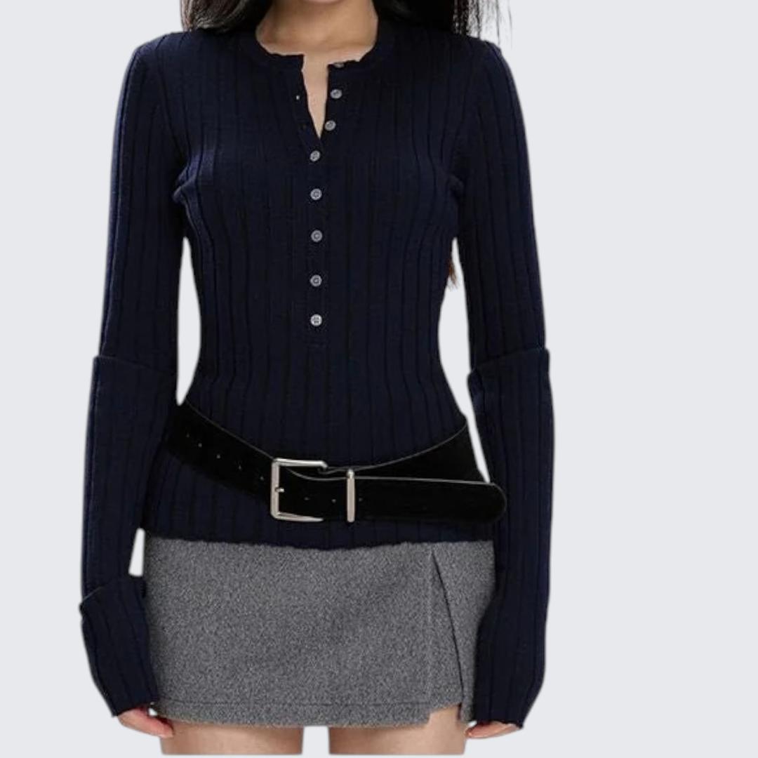 Autumn & Winter Red Henry-Collar Long-Sleeve Knitted Sweater