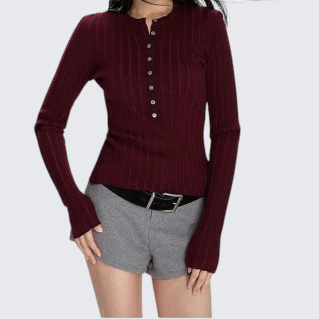 Autumn & Winter Red Henry-Collar Long-Sleeve Knitted Sweater