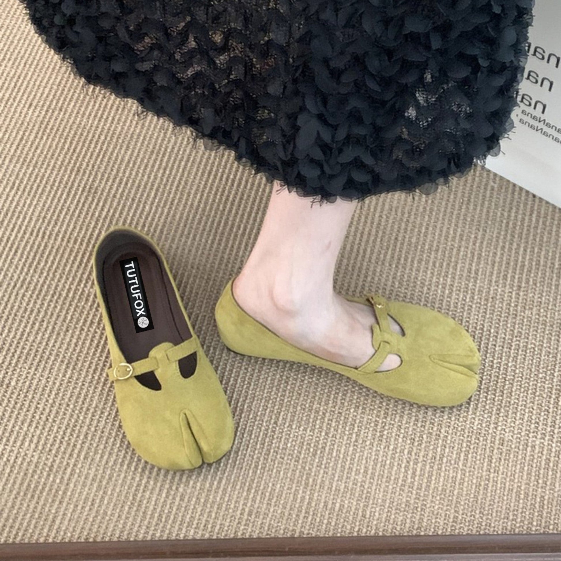 Avocado Green Suede Mule Split - Toe Flat Shoes Tabi - tutufox - tabis