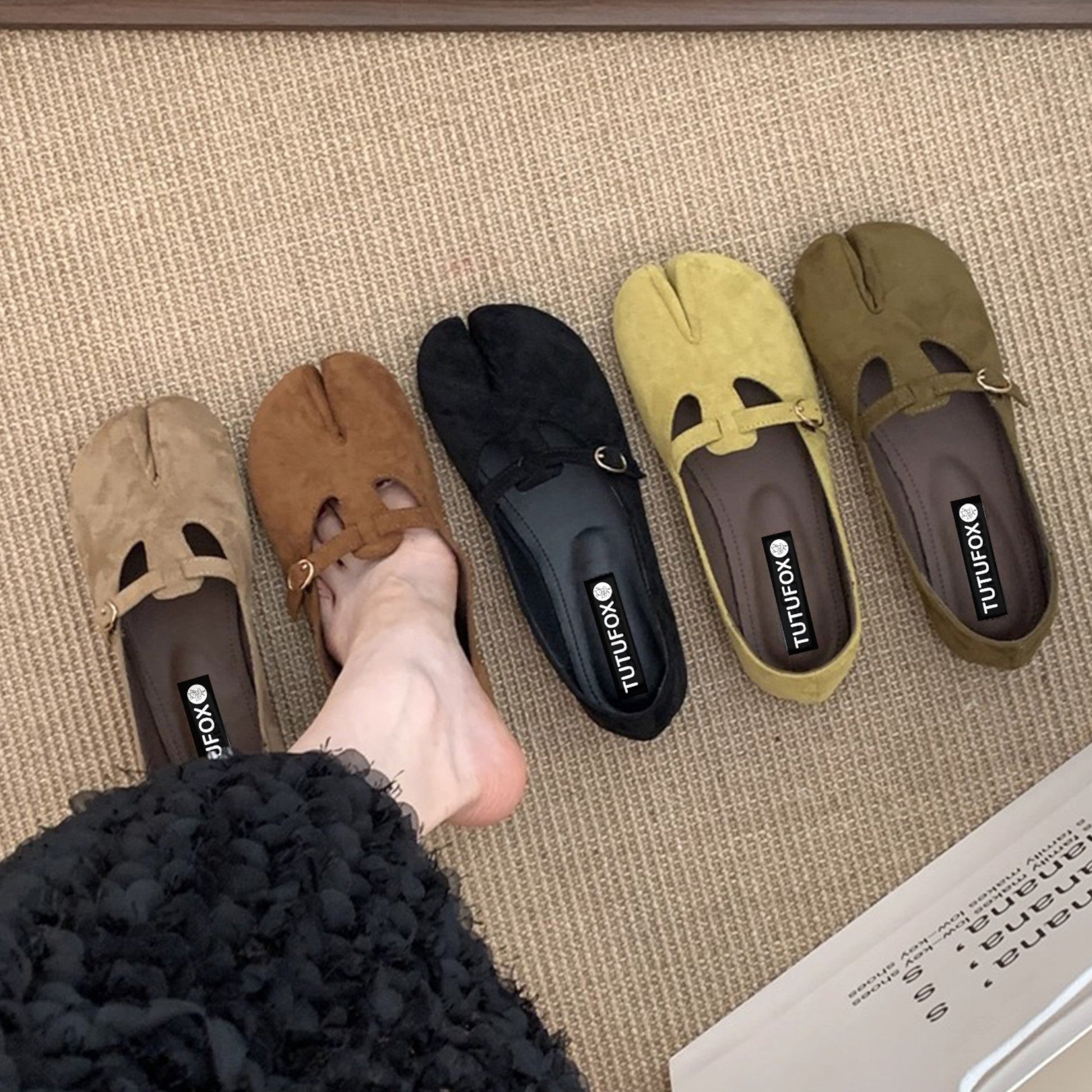 Avocado Green Suede Mule Split - Toe Flat Shoes Tabi - tutufox - tabis