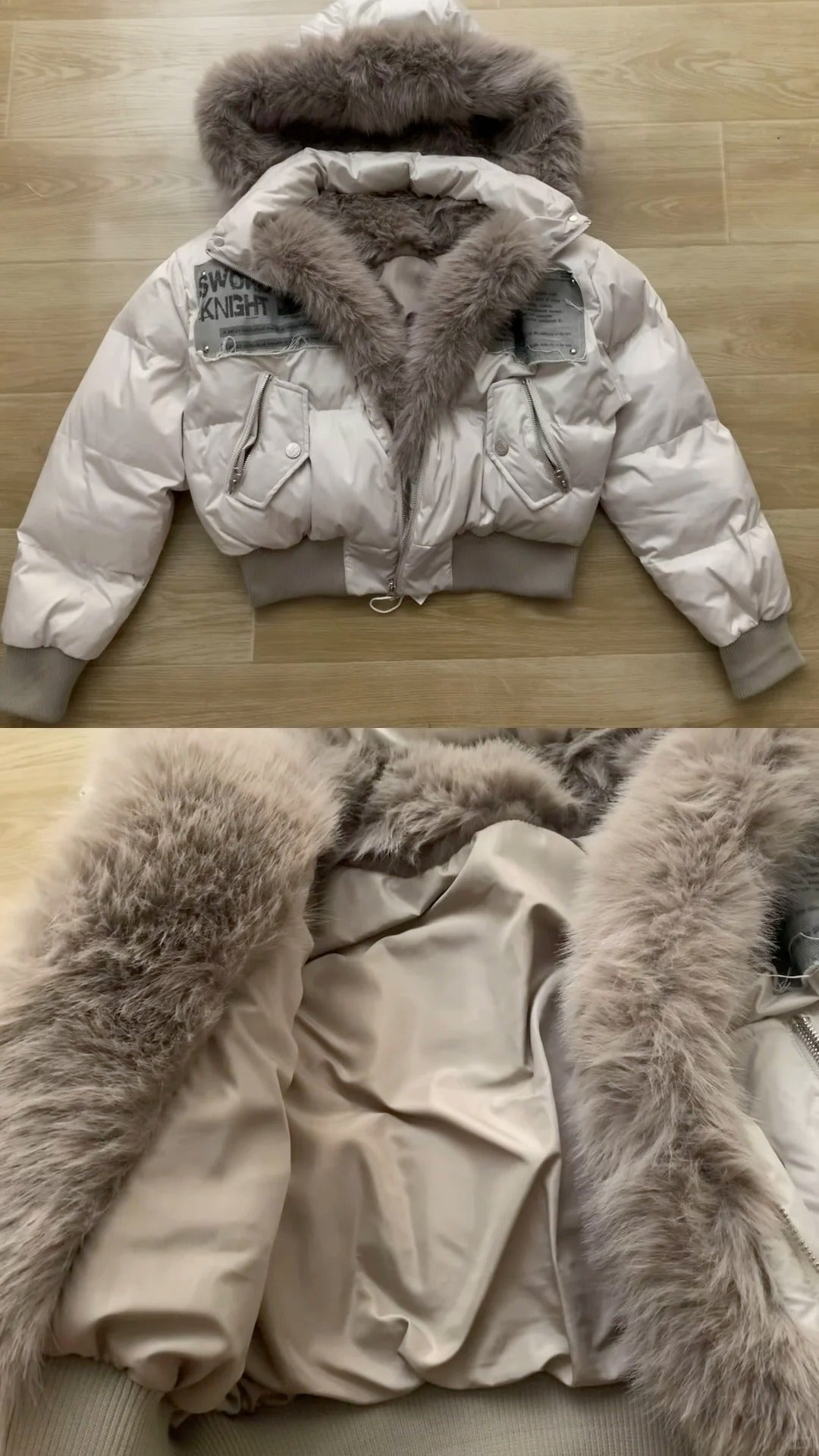 Beige Fur Collar Puffer Jacket with Black Top and Pants Y2K 3 - Piece Set - tutufox -