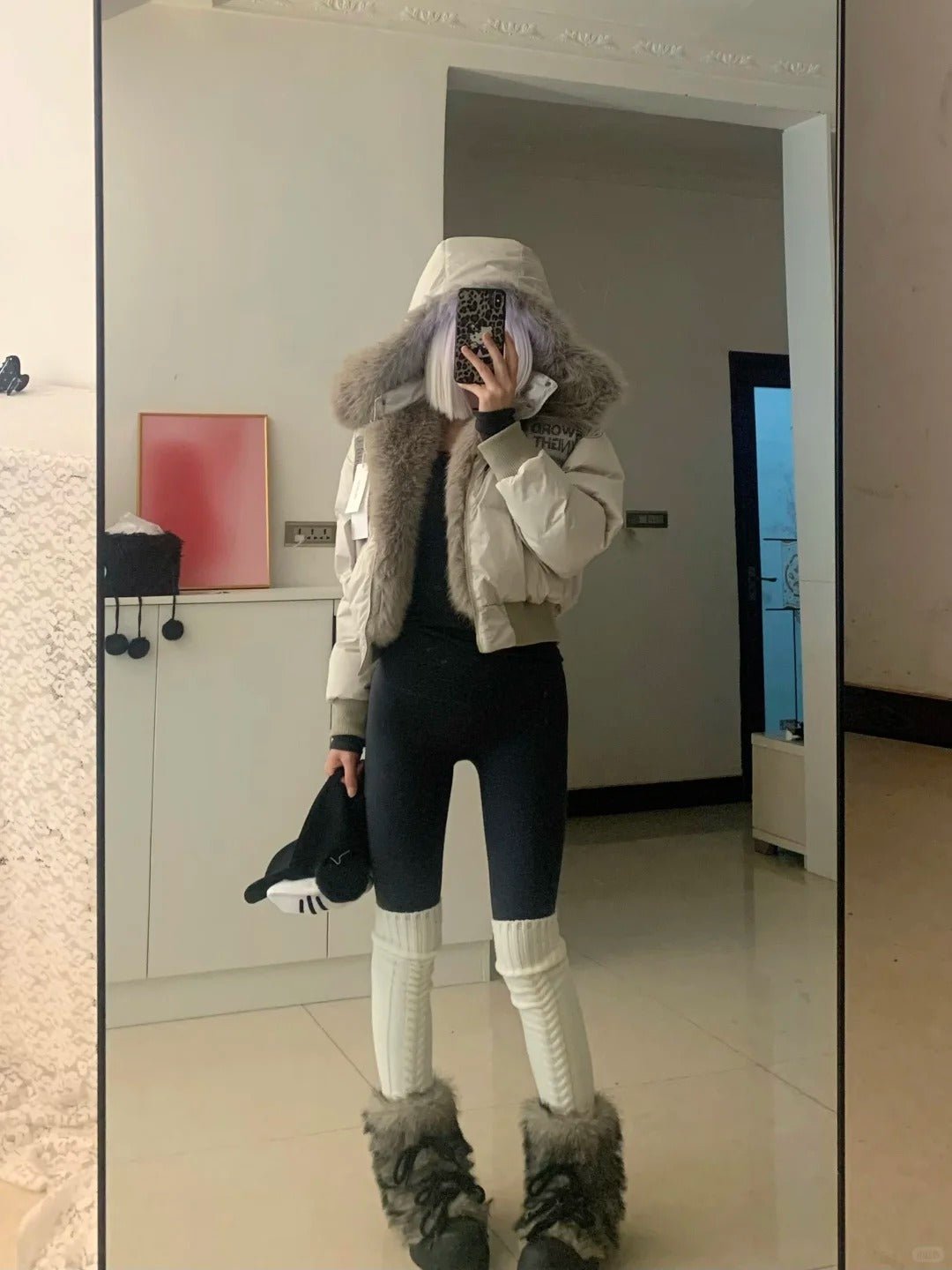 Beige Fur Collar Puffer Jacket with Black Top and Pants Y2K 3 - Piece Set - tutufox -