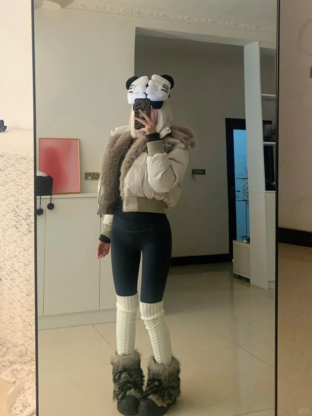 Beige Fur Collar Puffer Jacket with Black Top and Pants Y2K 3 - Piece Set - tutufox -