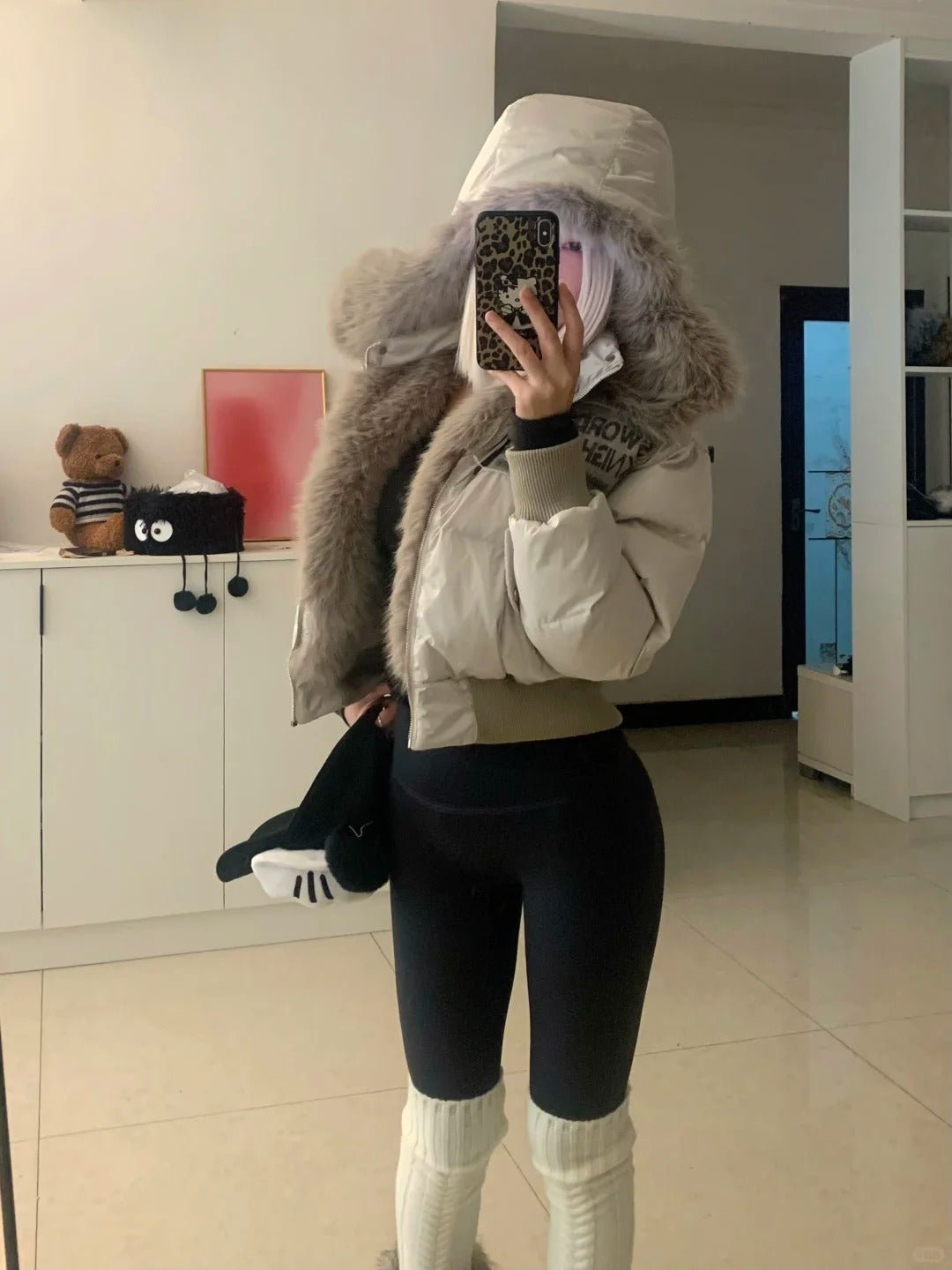 Beige Fur Collar Puffer Jacket with Black Top and Pants Y2K 3 - Piece Set - tutufox -