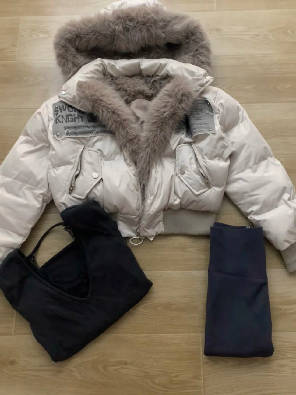Beige Fur Collar Puffer Jacket with Black Top and Pants Y2K 3 - Piece Set - tutufox -