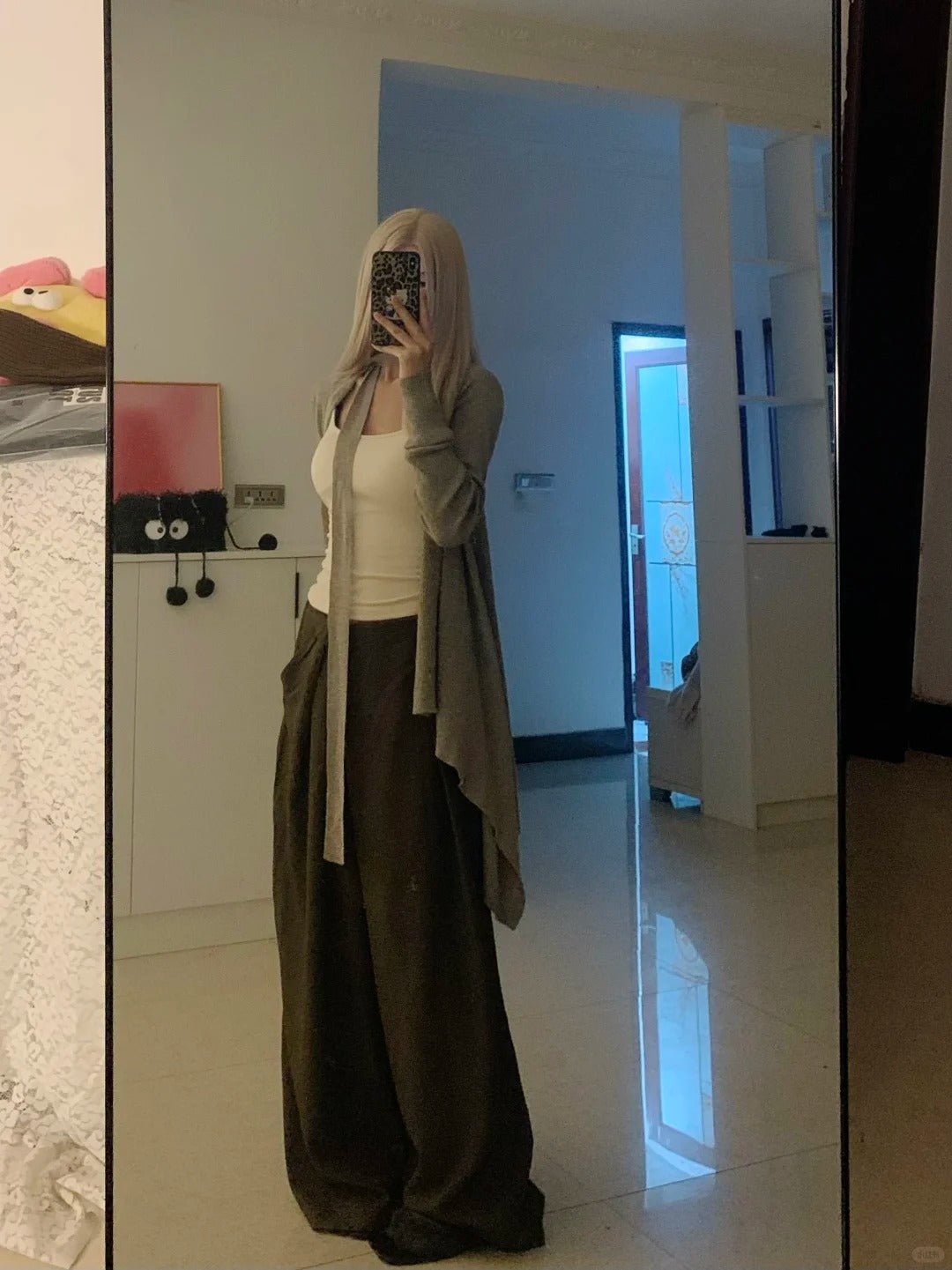 Beige Vest with Gray Cardigan and Brown Wide Pants Y2K Three - Piece - tutufox -