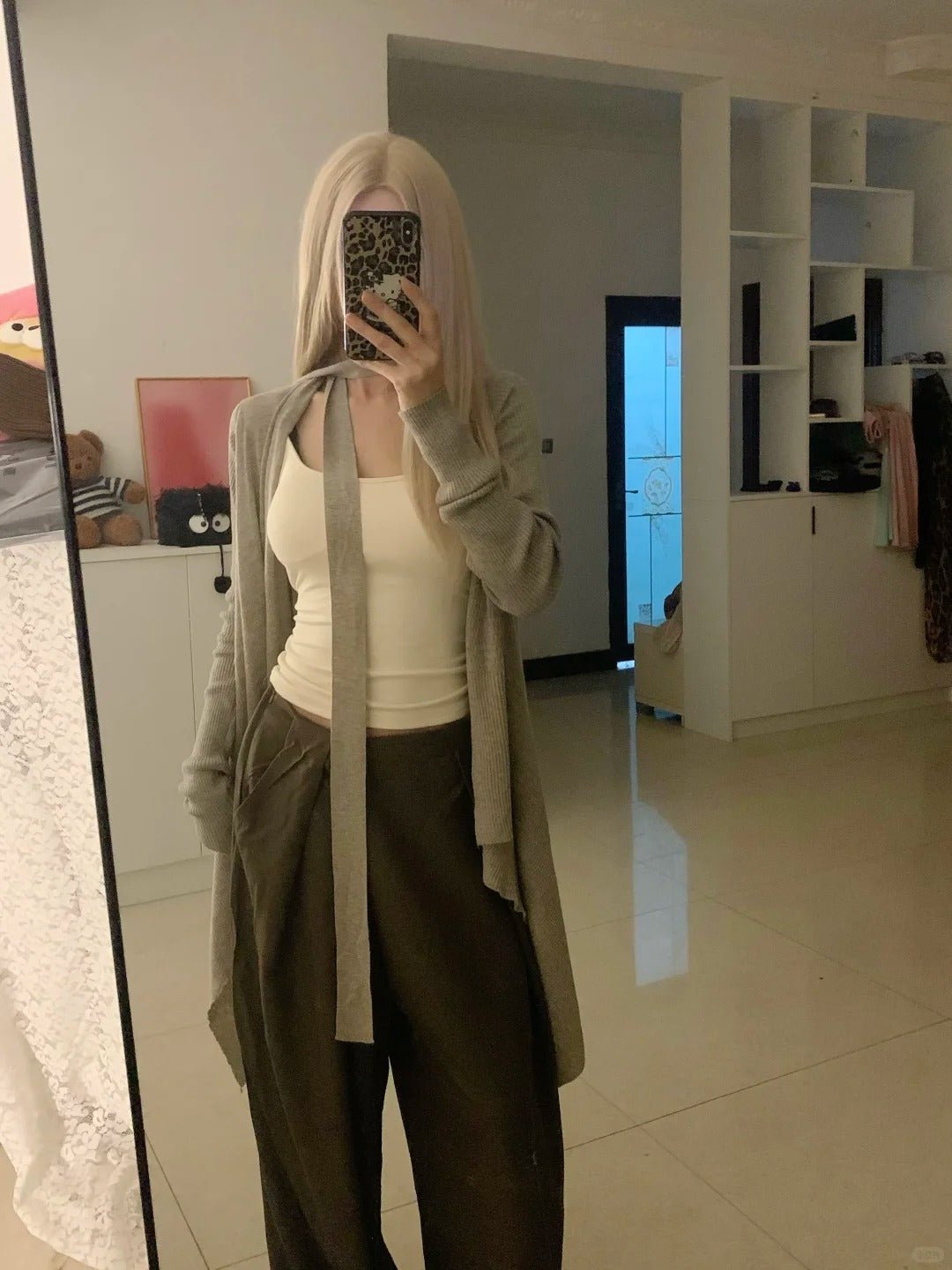 Beige Vest with Gray Cardigan and Brown Wide Pants Y2K Three - Piece - tutufox -