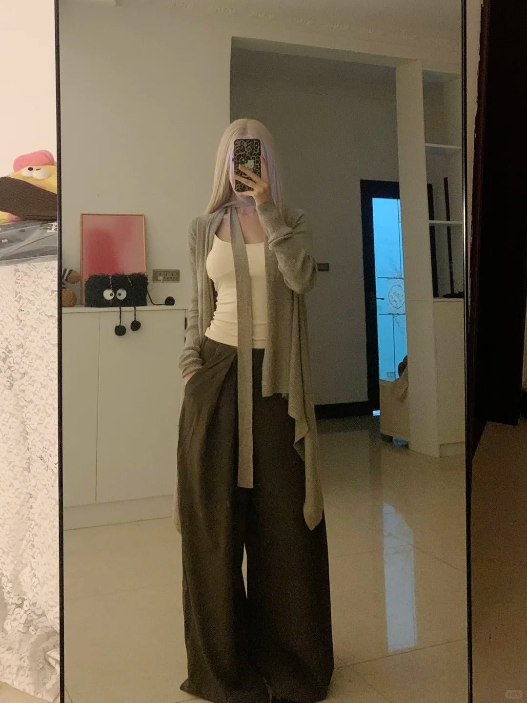 Beige Vest with Gray Cardigan and Brown Wide Pants Y2K Three - Piece - tutufox -