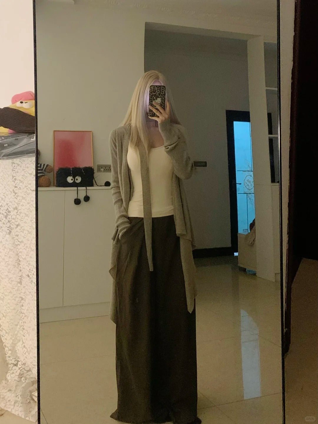 Beige Vest with Gray Cardigan and Brown Wide Pants Y2K Three - Piece - tutufox -