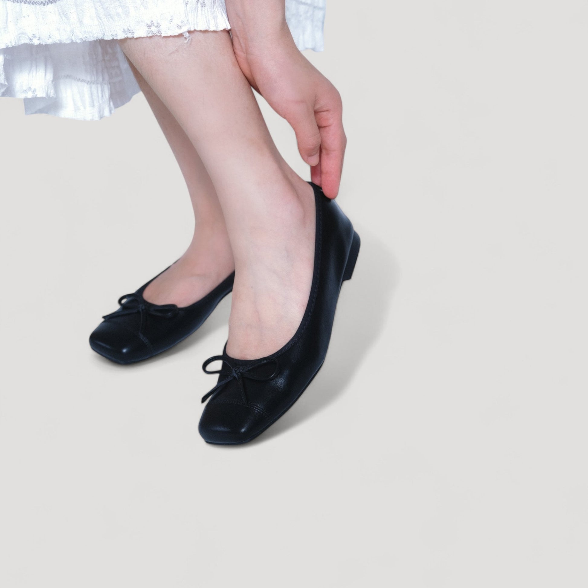 black bow square toe leather ballet flats model details view