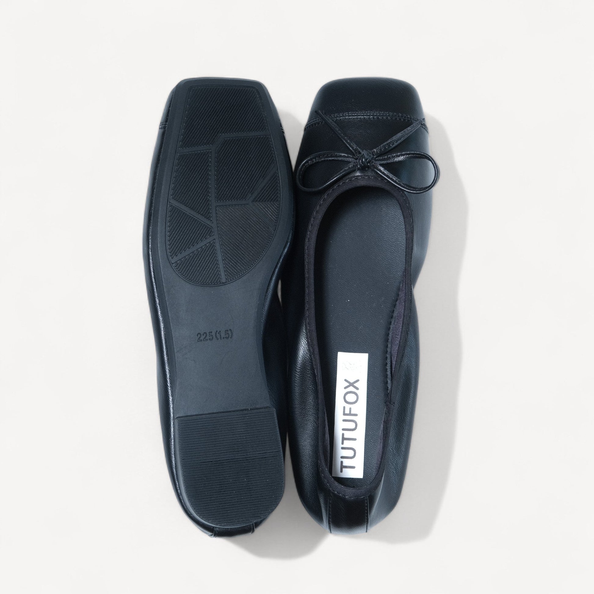 black bow square toe leather ballet flats sole view