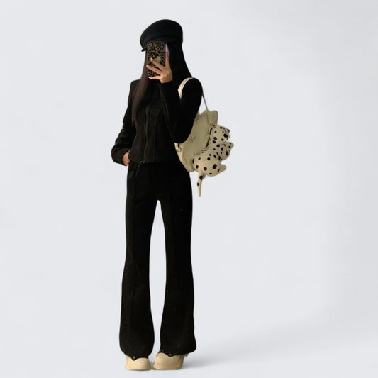 Black Cropped Jacket and Flared Pants Y2K Outfit - tutufox -