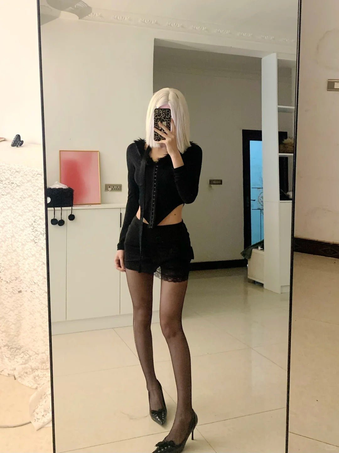 Black Fur - Detail Long Sleeve Top with Black Lace Mini Skirt Y2K Outfit - tutufox -