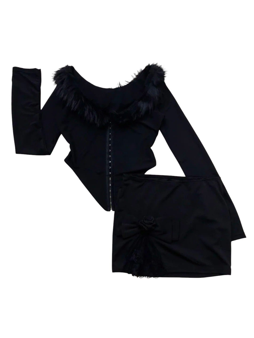 Black Fur - Detail Long Sleeve Top with Black Lace Mini Skirt Y2K Outfit - tutufox -