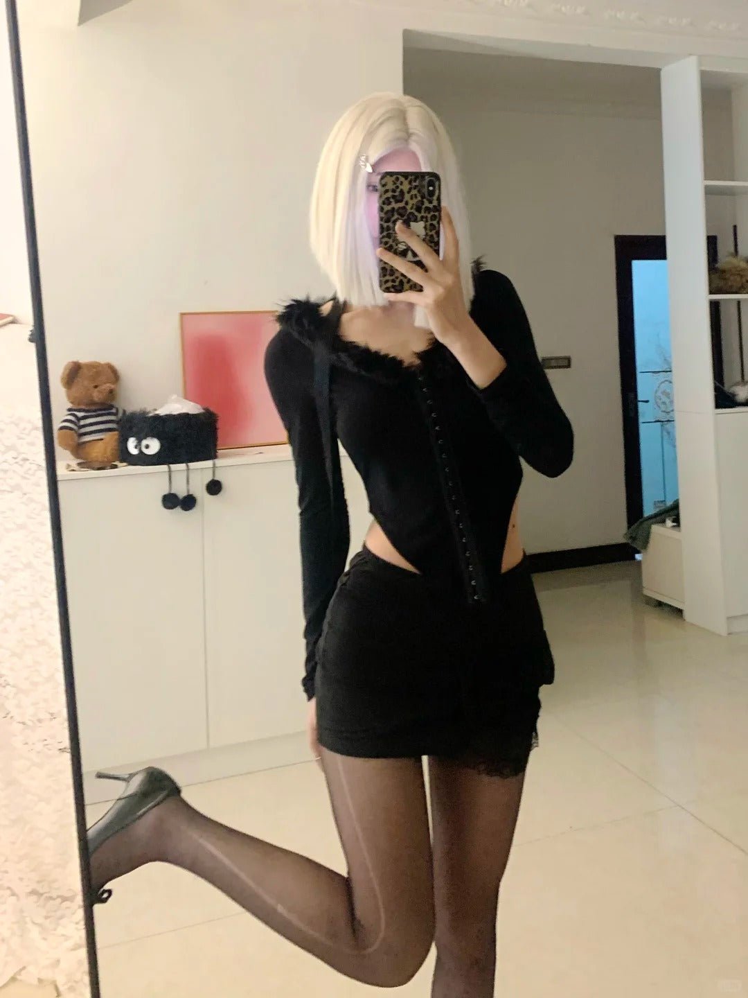 Black Fur - Detail Long Sleeve Top with Black Lace Mini Skirt Y2K Outfit - tutufox -