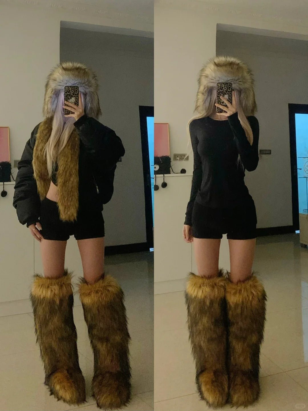 Black Furry Short Down Coat with Top and Shorts Y2K Three - Piece Set - tutufox -