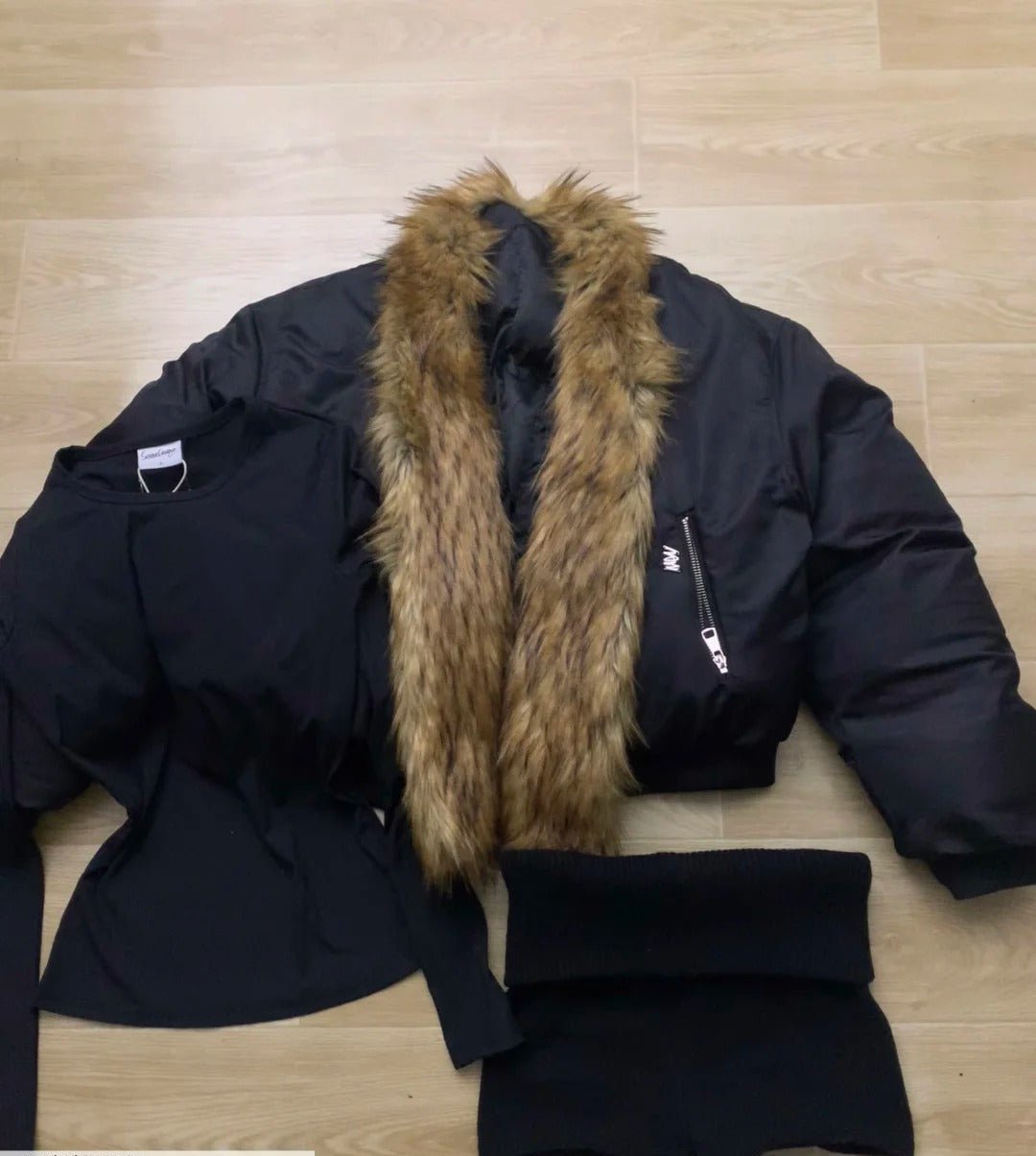Black Furry Short Down Coat with Top and Shorts Y2K Three - Piece Set - tutufox -