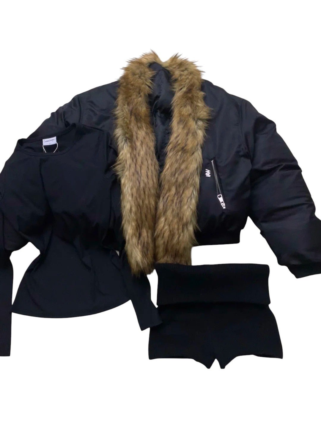 Black Furry Short Down Coat with Top and Shorts Y2K Three - Piece Set - tutufox -