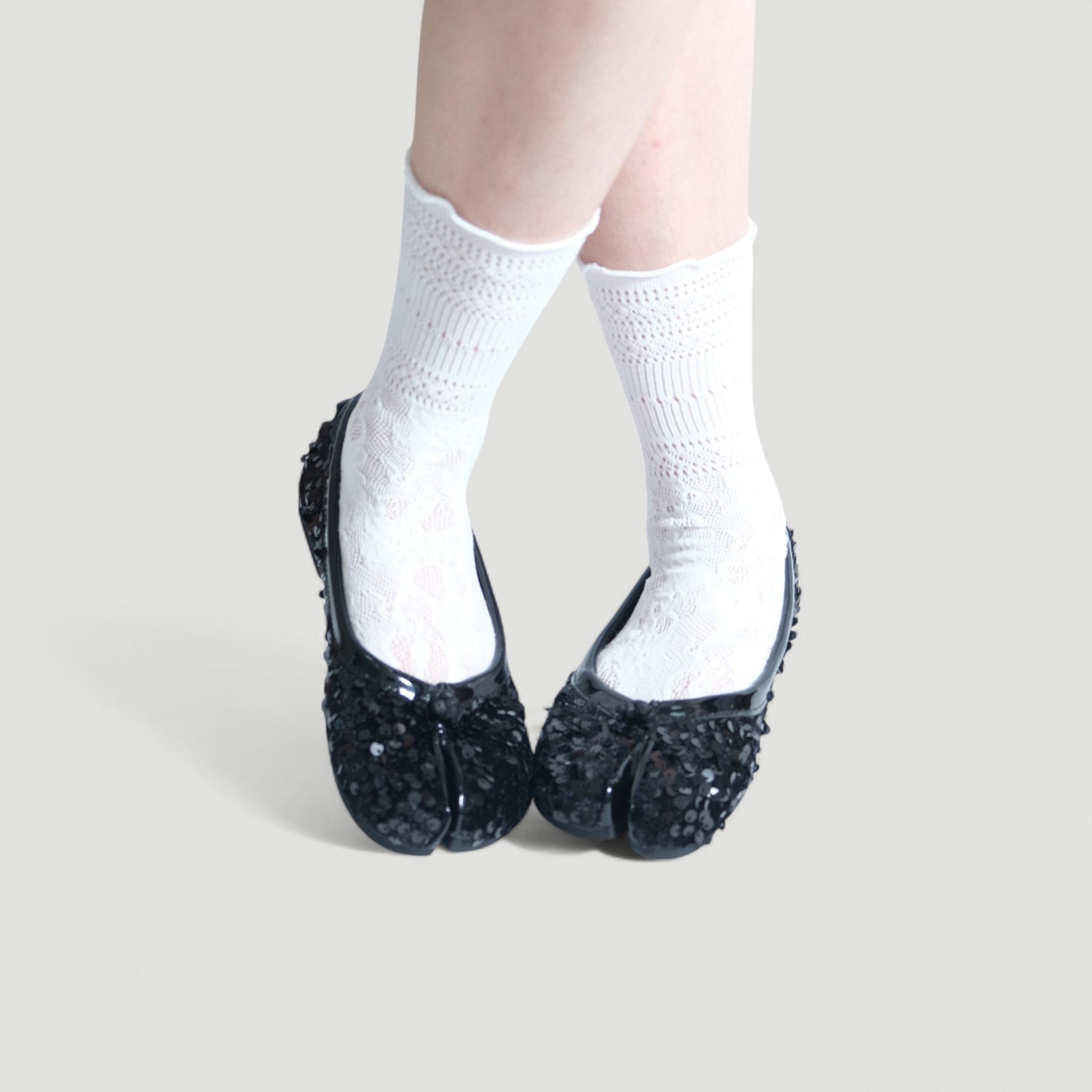 Black Glitter Round Toe Split Flats Tabi - tutufox - tabis