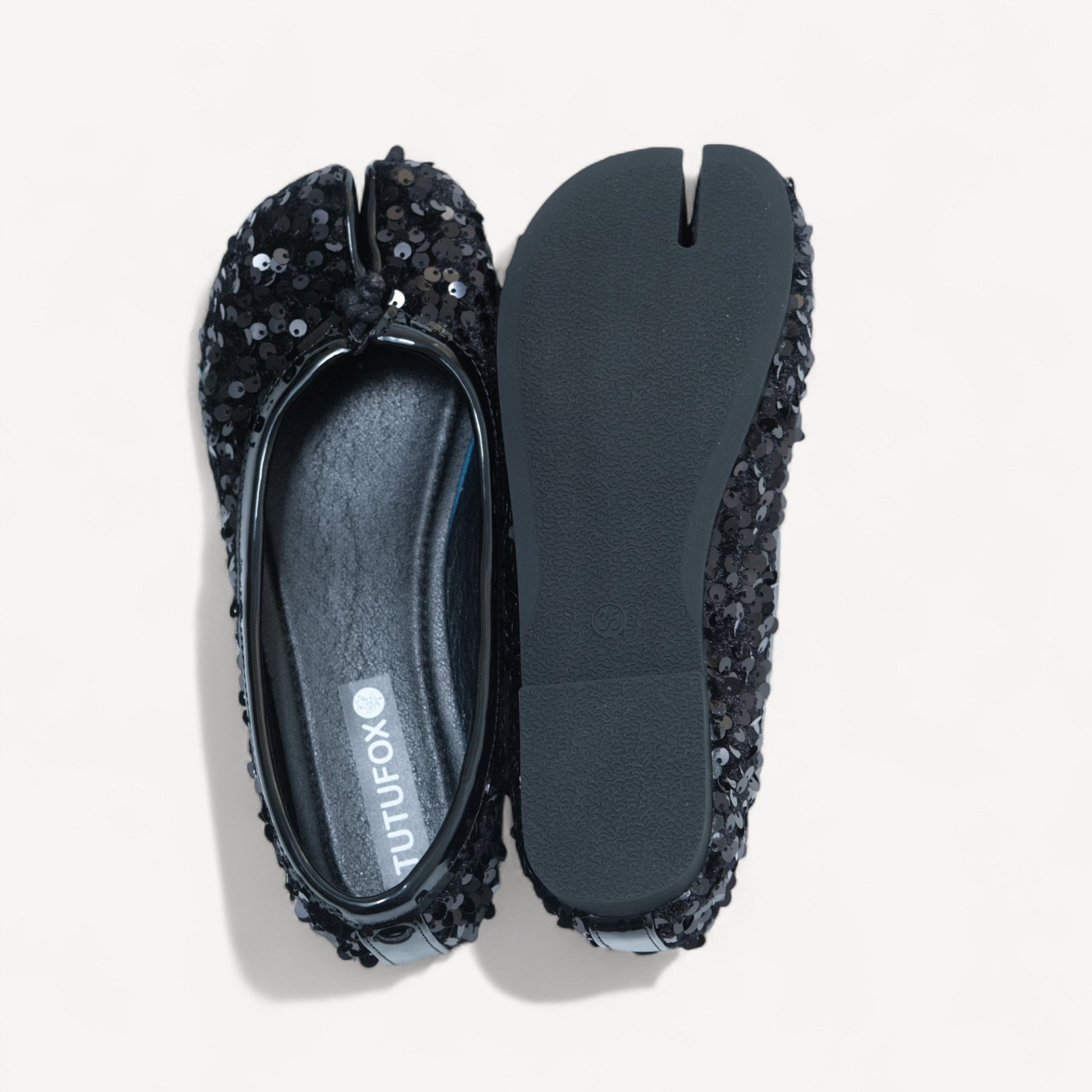 Black Glitter Round Toe Split Flats Tabi - tutufox - tabis