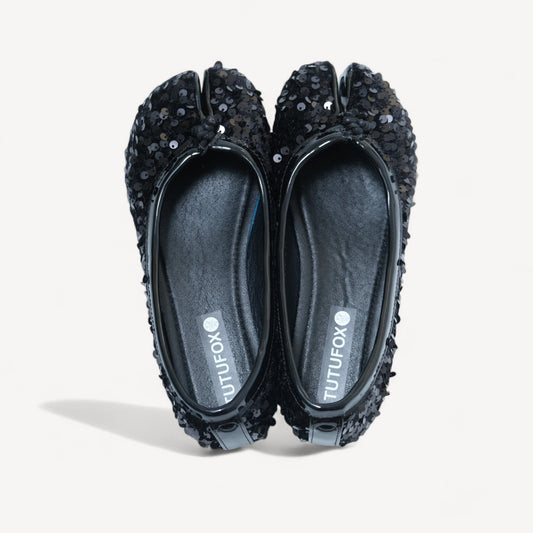 Black Glitter Round Toe Split Flats Tabi - tutufox - tabis