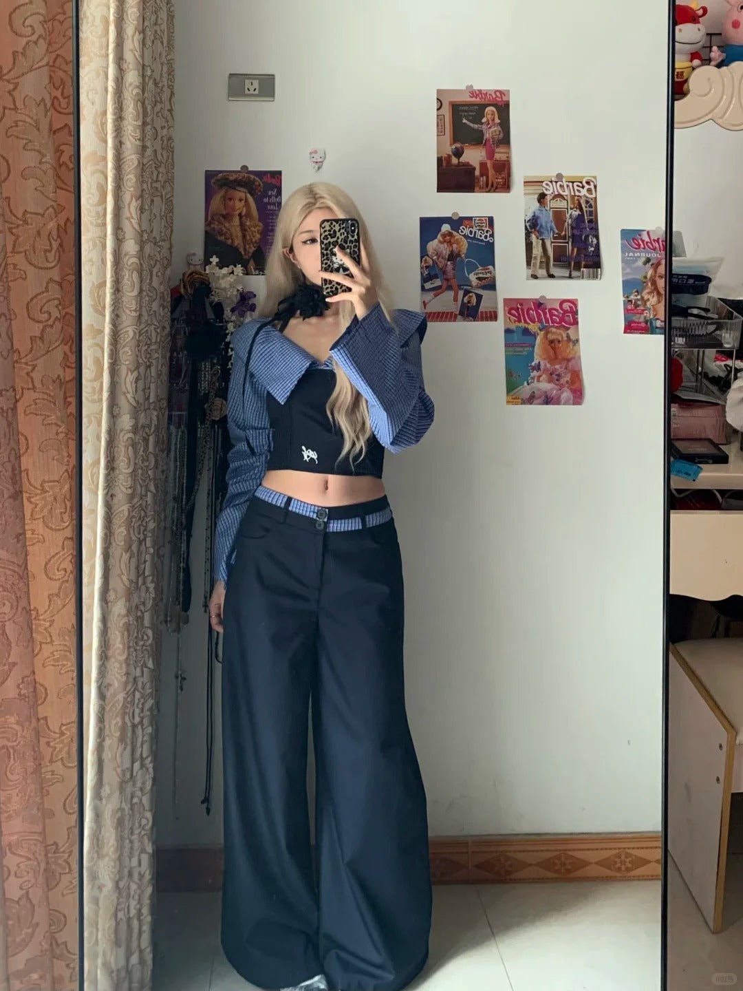 Black Halter Top and Blue Plaid Shawl with Wide Leg Pants Y2K Three Piece Sets - tutufox -