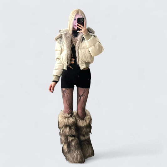 Black Hollow Top and Shorts with Ivory Fur - Collar Down Jacket Y2K Outfit - tutufox -