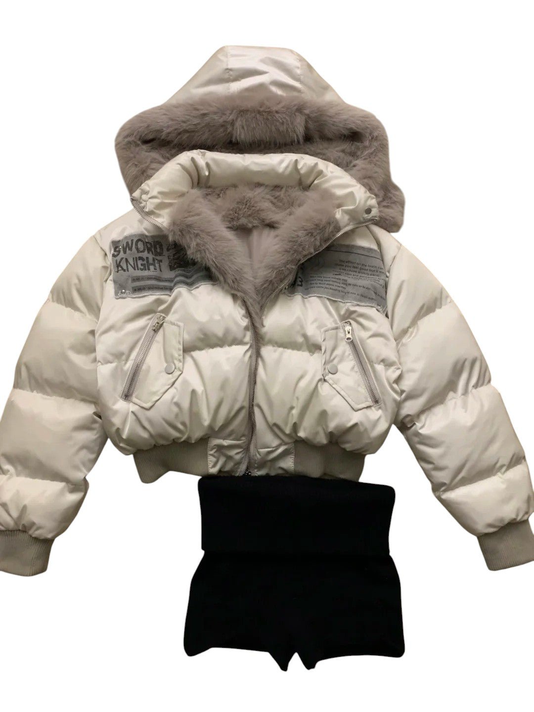 Black Hollow Top and Shorts with Ivory Fur - Collar Down Jacket Y2K Outfit - tutufox -