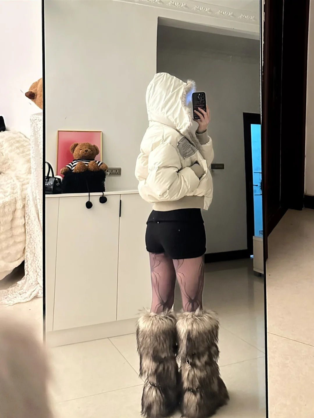 Black Hollow Top and Shorts with Ivory Fur - Collar Down Jacket Y2K Outfit - tutufox -
