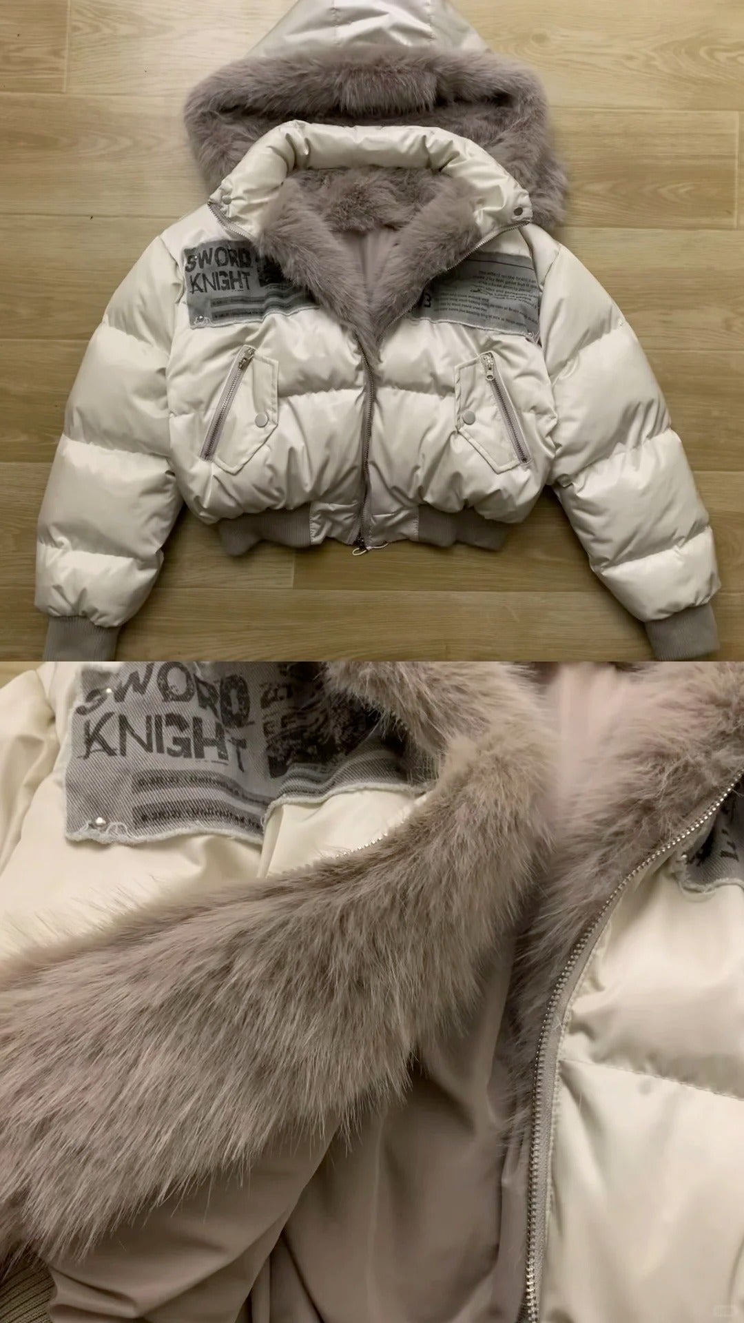 Black Hollow Top and Shorts with Ivory Fur - Collar Down Jacket Y2K Outfit - tutufox -