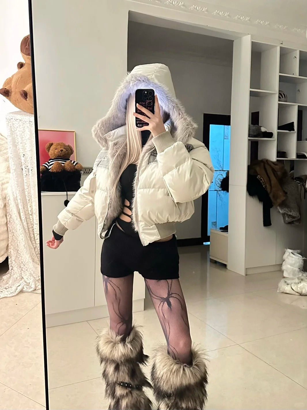 Black Hollow Top and Shorts with Ivory Fur - Collar Down Jacket Y2K Outfit - tutufox -