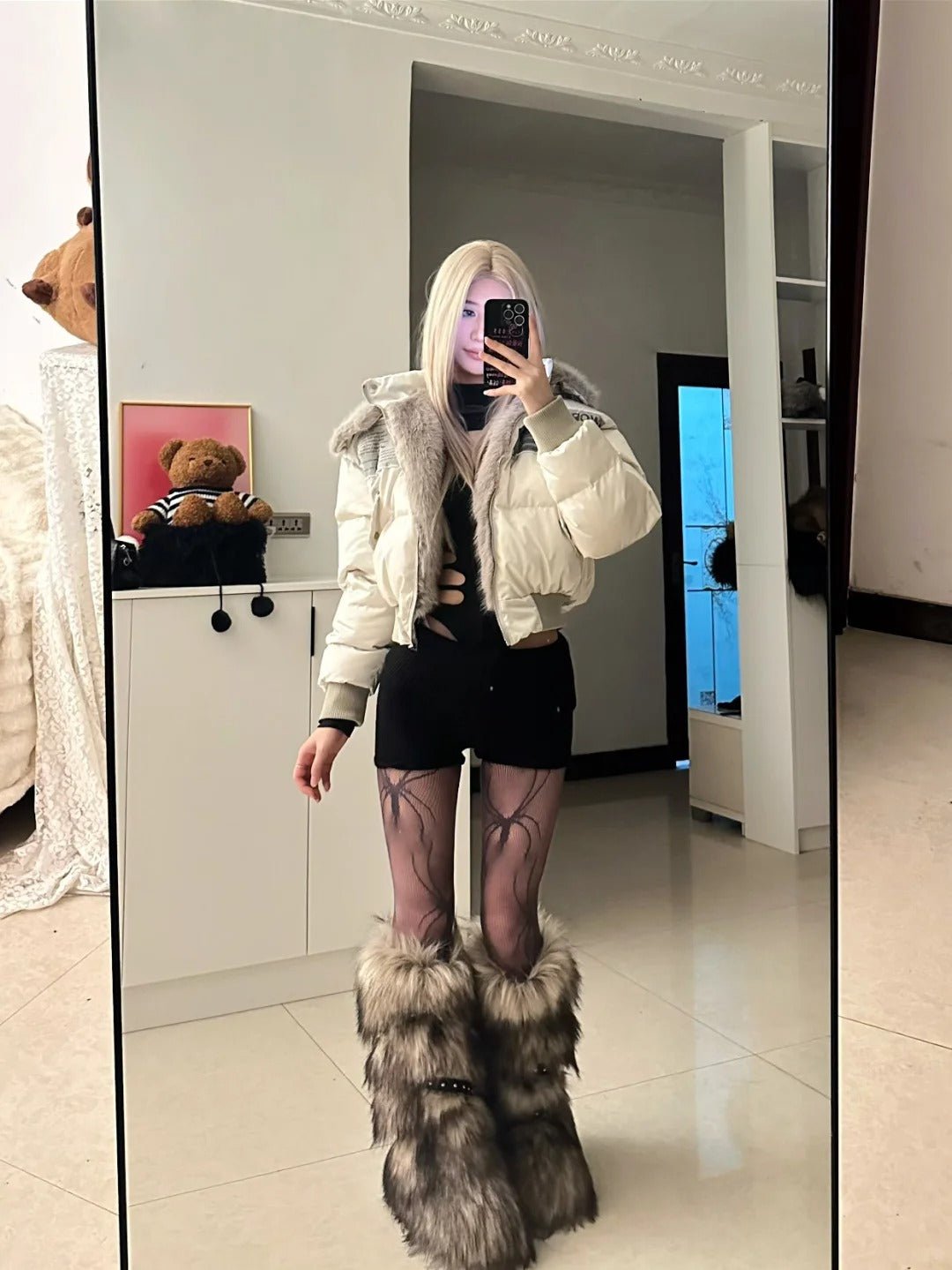 Black Hollow Top and Shorts with Ivory Fur - Collar Down Jacket Y2K Outfit - tutufox -