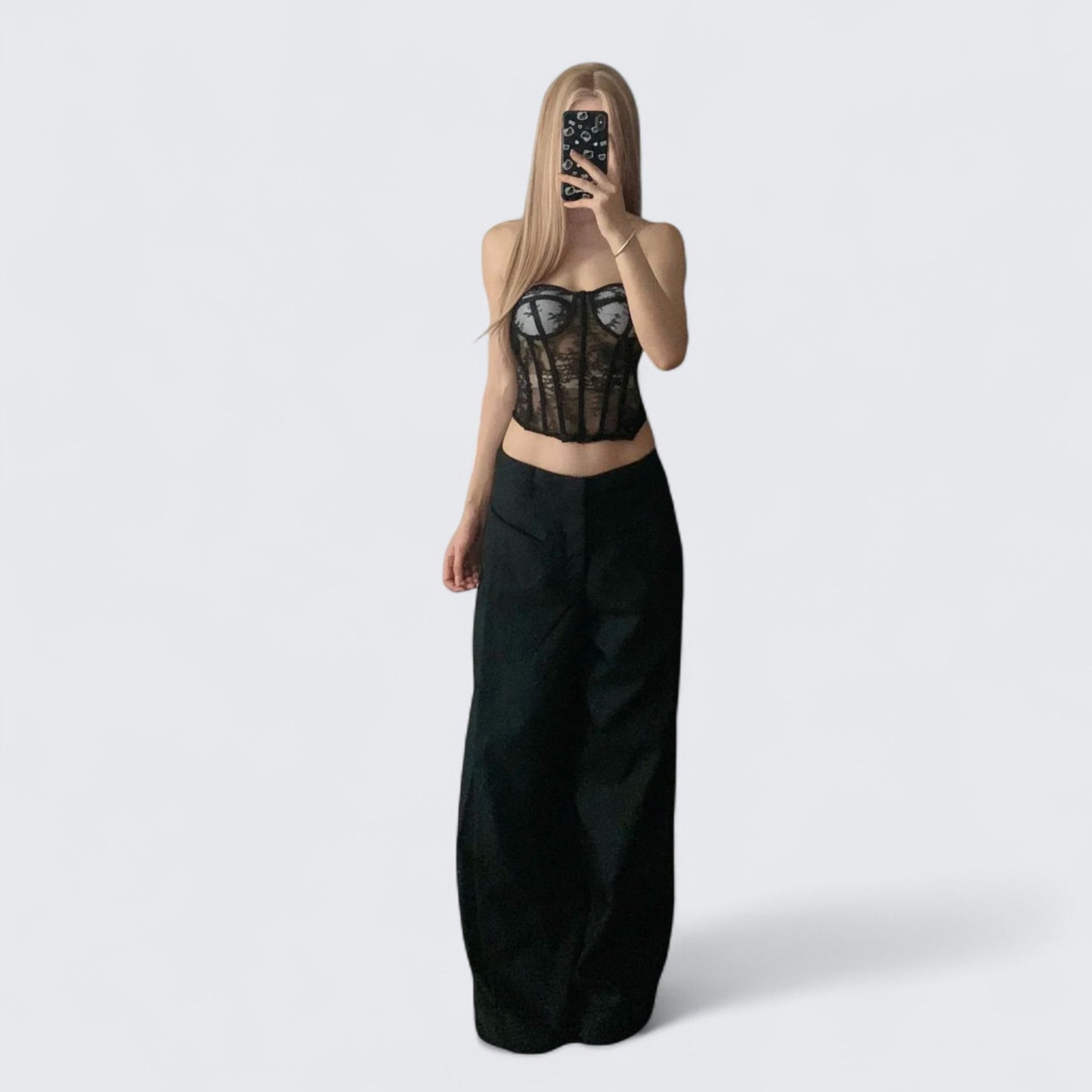 Black Lace Bandeau Top and Black Wide Leg Pants Y2K Two Pieces Sets - tutufox -