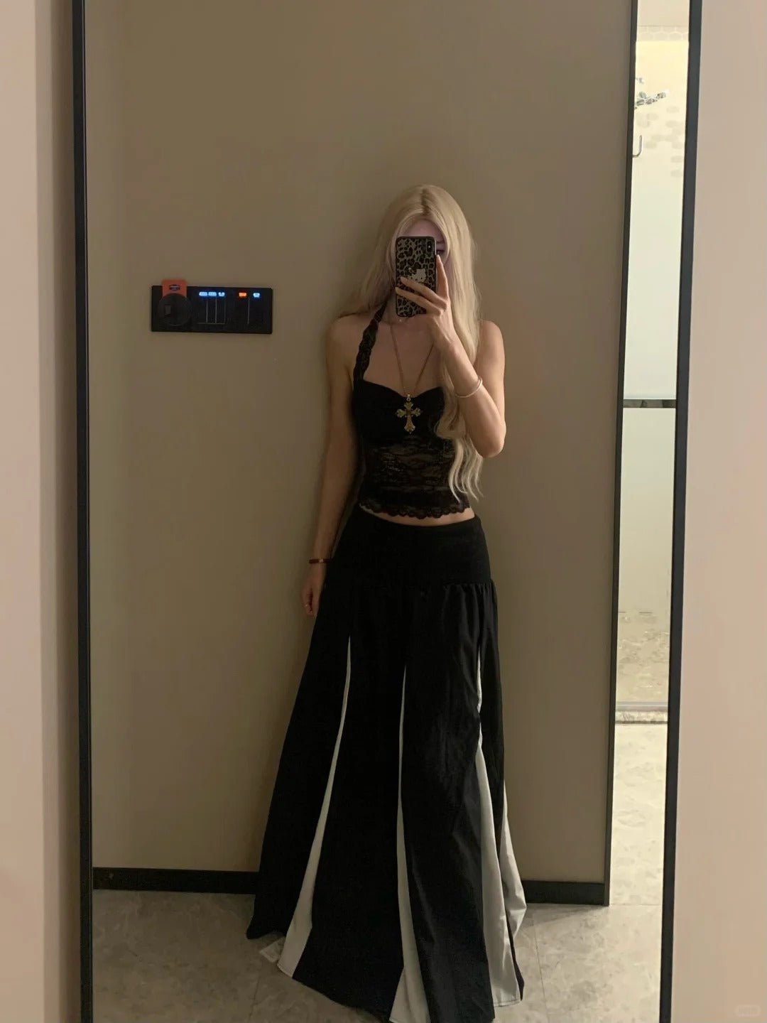 Black Lace Halter Top and Black White Block Midi Skirt Y2K Two Piece Sets - tutufox -