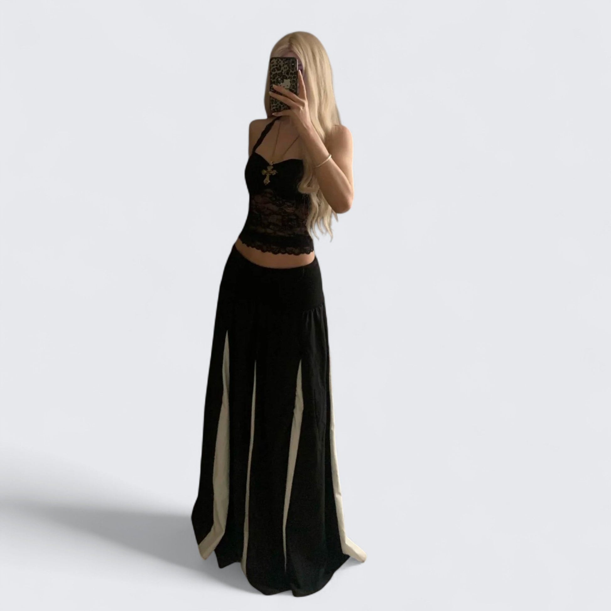 Black Lace Halter Top and Black White Block Midi Skirt Y2K Two Piece Sets - tutufox -