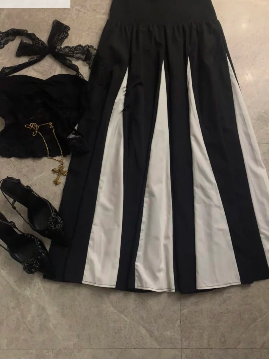 Black Lace Halter Top and Black White Block Midi Skirt Y2K Two Piece Sets - tutufox -