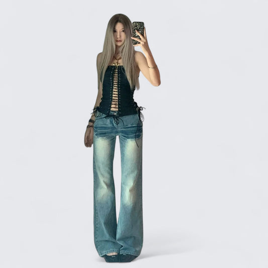 Black Lace - Up Bandeau Top and Light Wash Wide Leg Jeans Y2K Two Pieces Sets - tutufox -