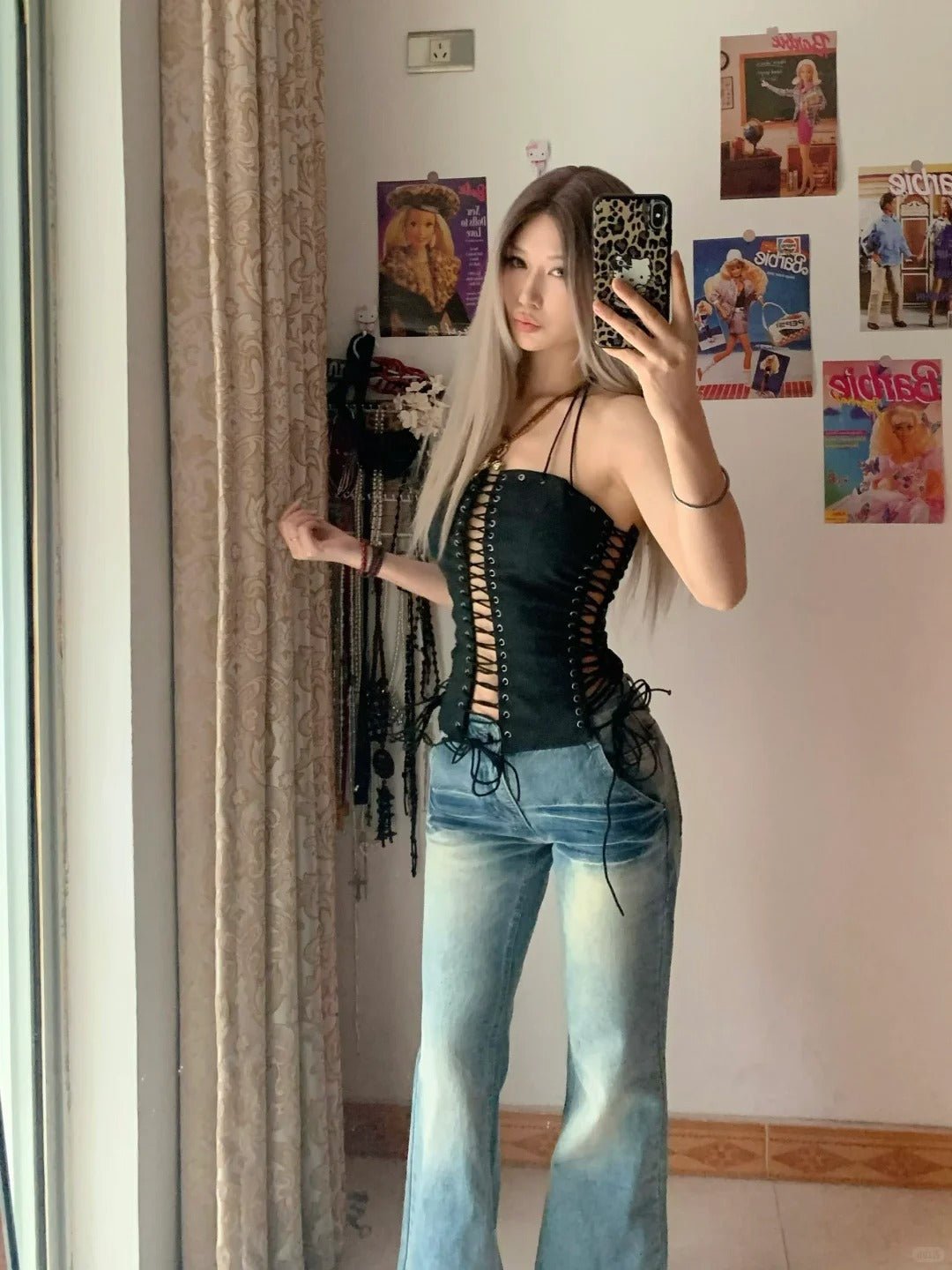 Black Lace - Up Bandeau Top and Light Wash Wide Leg Jeans Y2K Two Pieces Sets - tutufox -