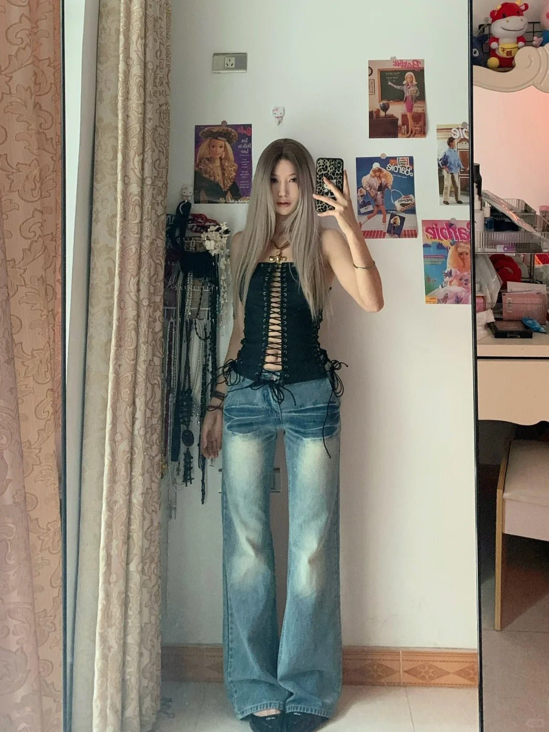 Black Lace - Up Bandeau Top and Light Wash Wide Leg Jeans Y2K Two Pieces Sets - tutufox -