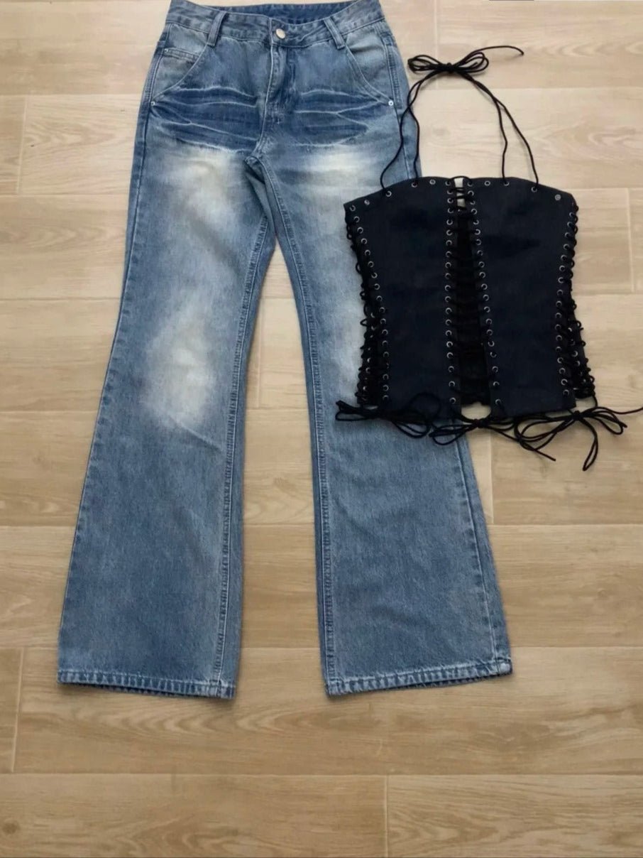 Black Lace - Up Bandeau Top and Light Wash Wide Leg Jeans Y2K Two Pieces Sets - tutufox -
