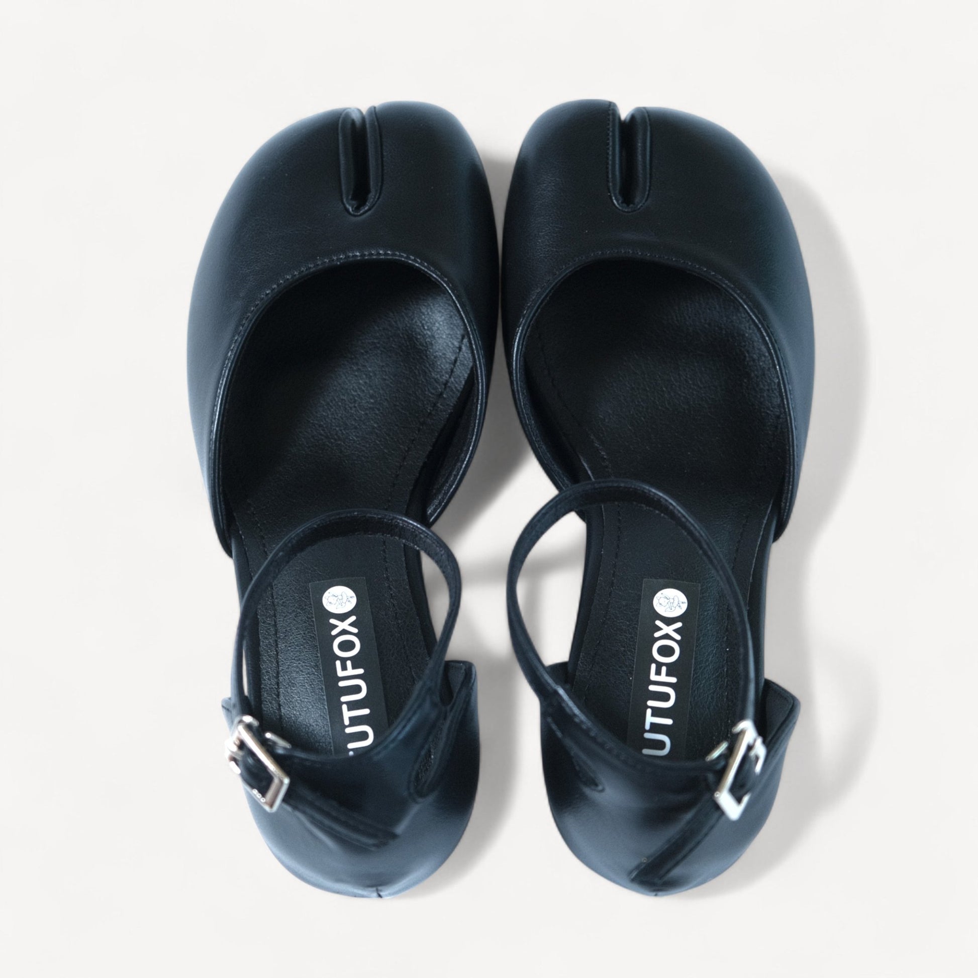 Black Leather Ankle Strap Split Toe Flats Tabi - tutufox - tabis