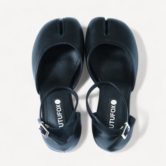 Black Leather Ankle Strap Split Toe Flats Tabi - tutufox - tabis