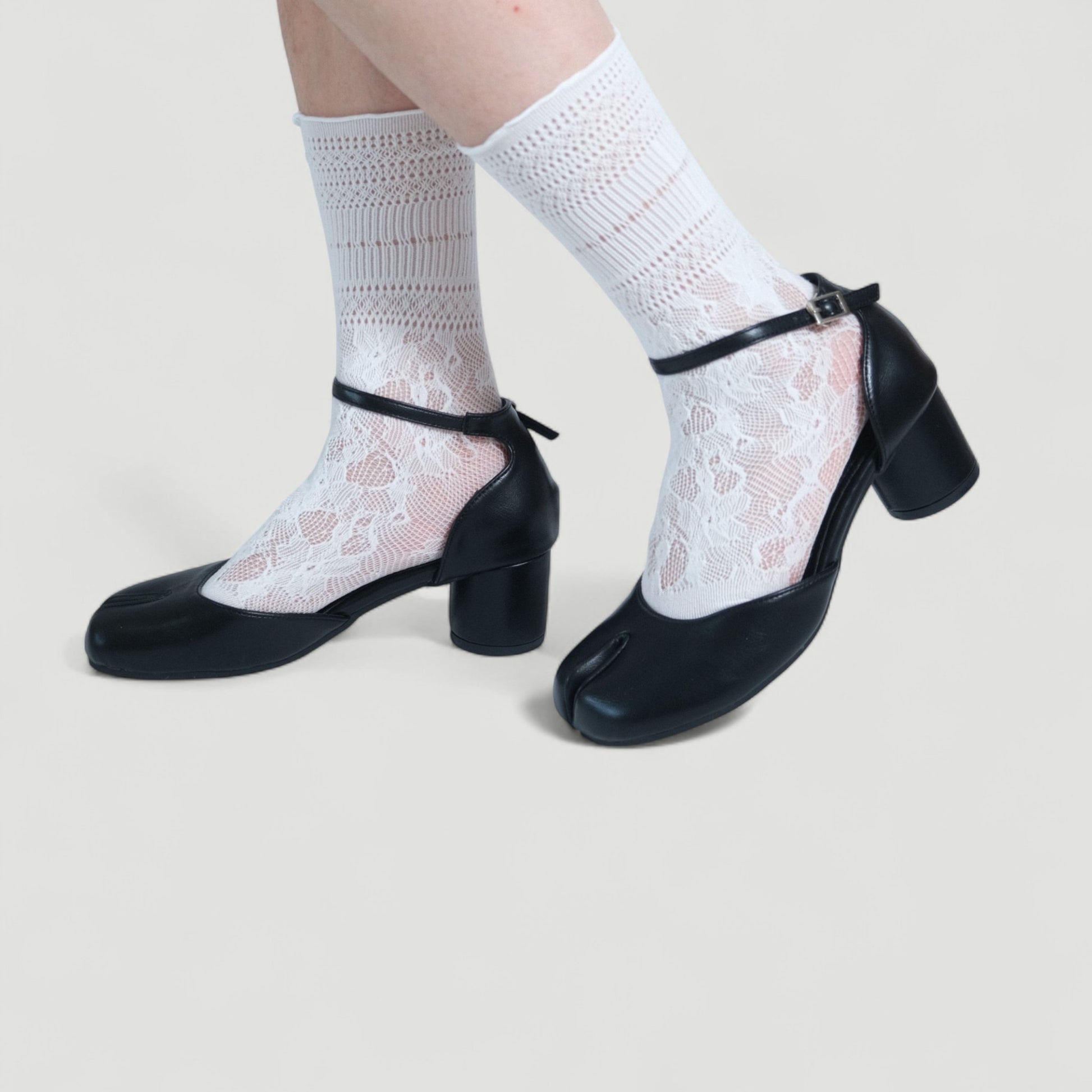 Black Leather Ankle Strap Split Toe Flats Tabi - tutufox - tabis