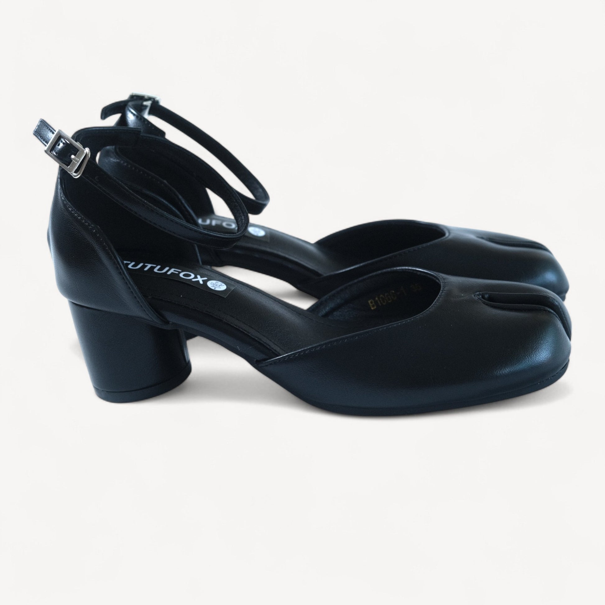 Black Leather Ankle Strap Split Toe Flats Tabi - tutufox - tabis