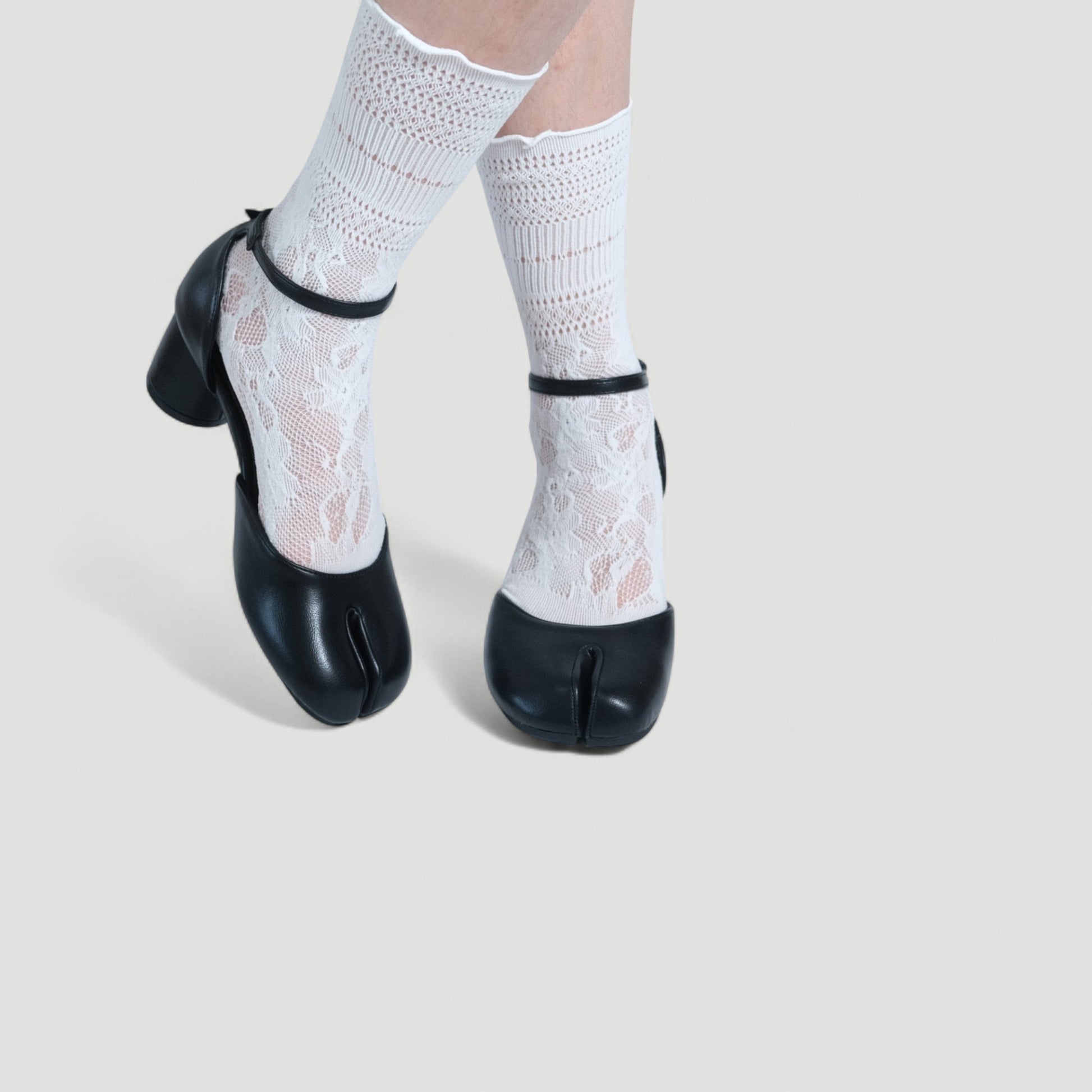 Black Leather Ankle Strap Split Toe Flats Tabi - tutufox - tabis