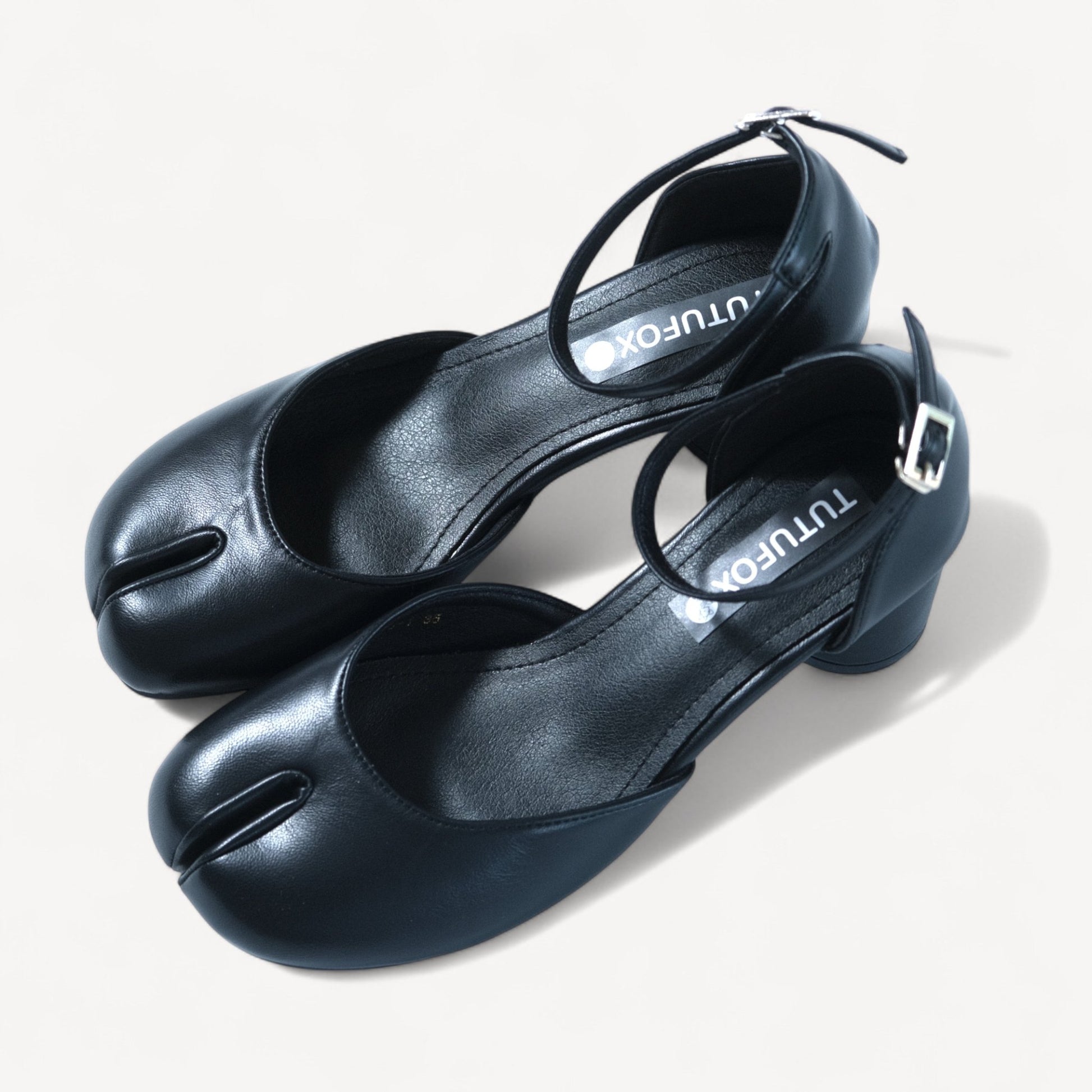 Black Leather Ankle Strap Split Toe Flats Tabi - tutufox - tabis