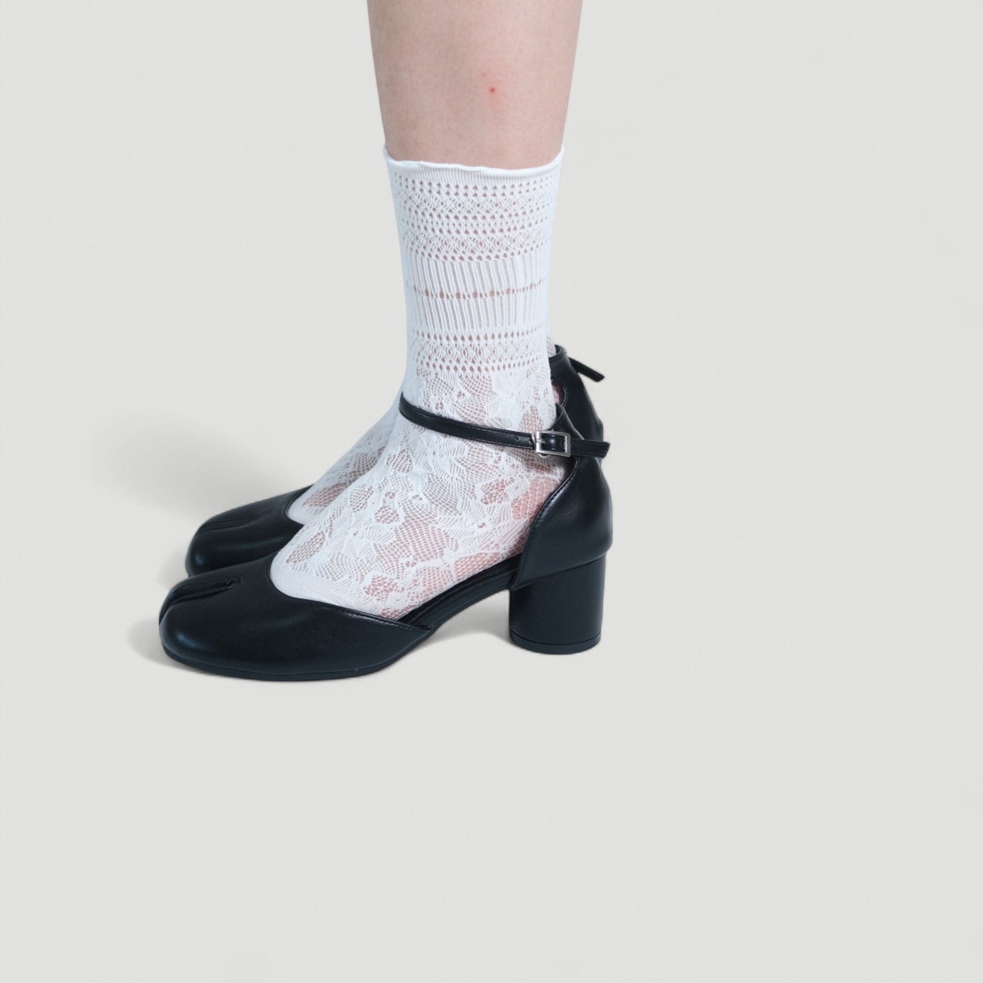 Black Leather Ankle Strap Split Toe Flats Tabi - tutufox - tabis