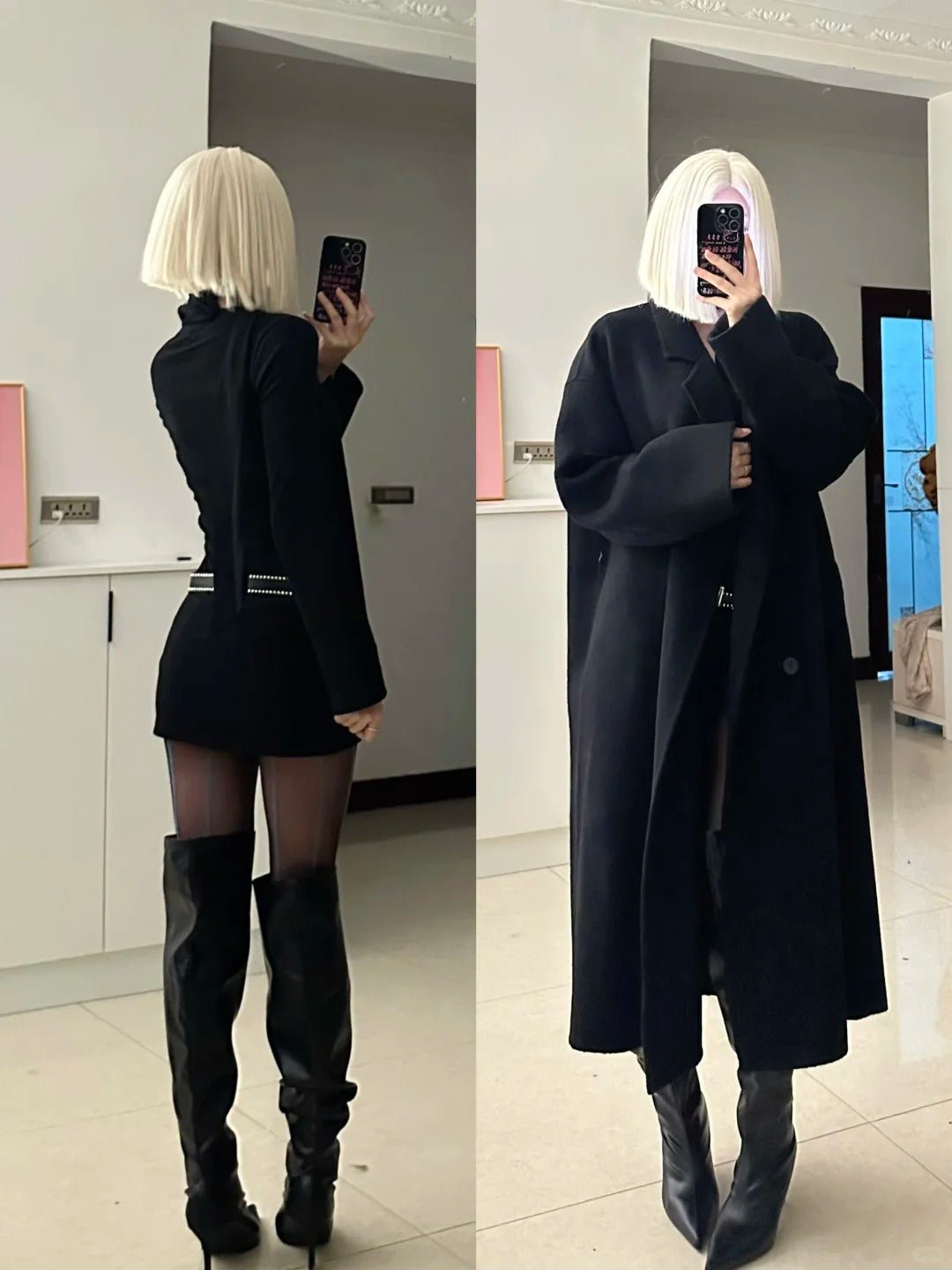 Black Long Coat with Top and Mini Skirt Y2K Three - Piece Set - tutufox -