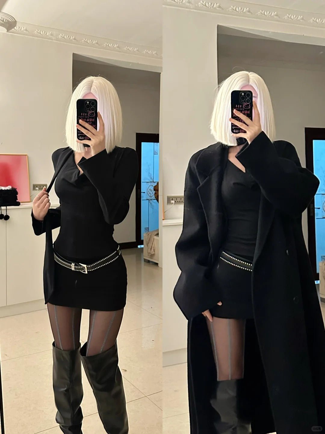 Black Long Coat with Top and Mini Skirt Y2K Three - Piece Set - tutufox -